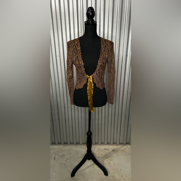 Betsey Johnson Sweaters - Women’s Betsy Johnson Brown Mesh Long Sleeve Designer Cardigan Sweater Medium